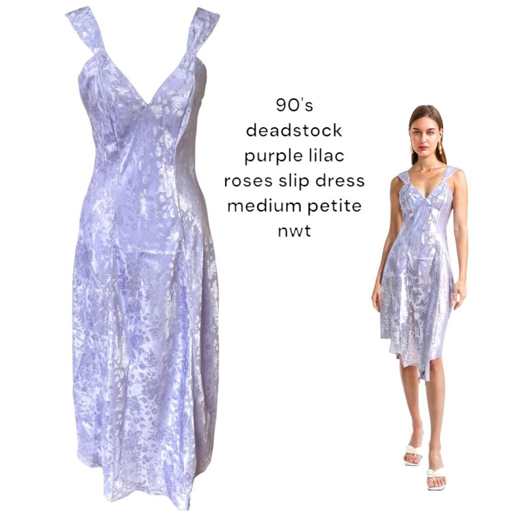 90's deadstock vintage Morgan Taylor Lilac purple roses Slip Dress‎ P Med. nwt